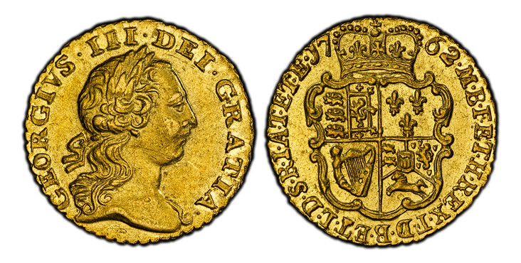 1087174 GREAT BRITAIN. George III. (King, 1760-1820). 1762 AV Quarter-Guinea. PCGS AU55.  GEORGIVS III DEI GRATIA. Laureate head right / Crowned 4-fold arms. KM 592; SCBC-3741; Fr.-368.

Please use this link to verify the PCGS certification number...