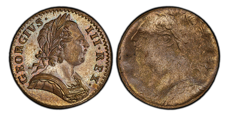 1087175 GREAT BRITAIN. George III. (King, 1760-1820). (1771-75) CU Farthing. PCGS MS63BN (Brown). Mint Error.  GEORGIVS · - III · REX ·. Laureate bust right / BRITAN - NIA ·. Brittania seated left. KM 602; SCBC-3775.

Full Reverse Brockage

Please...