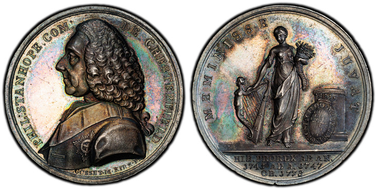 1087178 GREAT BRITAIN. Ireland. Philip Dorner Stanhope. (4th Earl of Chesterfield, 1694-1773). 1773 AR Medal. PCGS MS63.  By John Kirk after I. Gosset. 37mm. Bust, left; signed below truncation / Allegorical figure of Hibernia, holding cornucopia ...