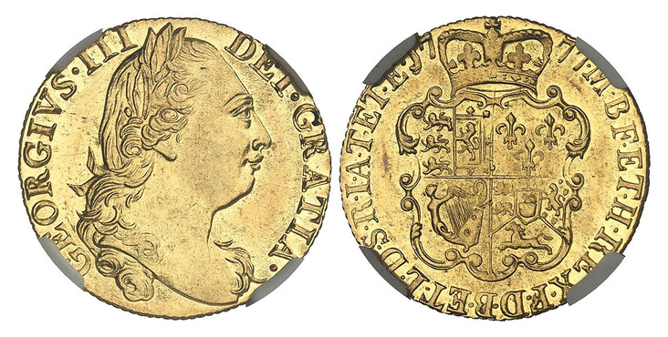 1087526 GREAT BRITAIN. George III. (King, 1760-1820). 1777 AV Guinea. NGC MS61.  GEORGIVS · III - DEI · GRATIA ·. Laureate head right / F · D · B · ET · L · D · S · R · I · A · T · ET · E · - M · B · F · ET · H · REX ·. Crowned 4-fold arms. KM 604...