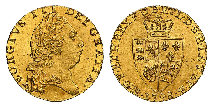1086764 GREAT BRITAIN. George III. (King, 1760-1820). 1798 AV Guinea. NGC MS63.  GEORGIVS III DEI GRATIA ·. Laureate head right / F · D · B · ET · L · D · S · R · I · A · T · ET · E · - M · B · F · ET · H · REX ·. Crowned 4-fold spade arms. KM 609...