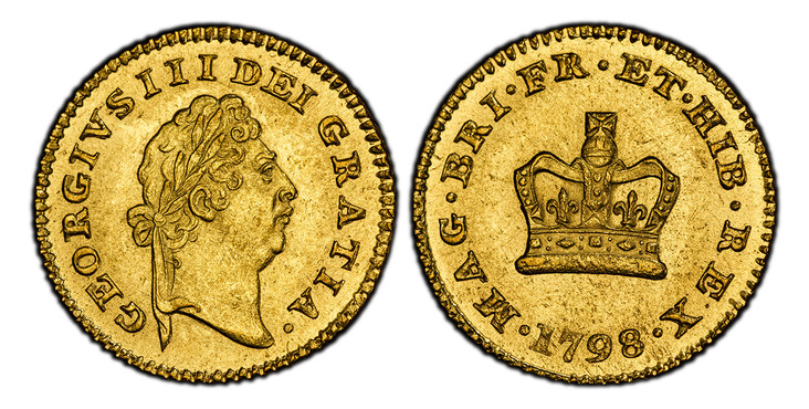 1086852 GREAT BRITAIN. George III. (King, 1760-1820). 1798 AV Third-Guinea. PCGS MS63.  GEORGIVS II DEI GRATIA ·. Laureate head right / MAG · BRI · FR · ET · HIB · REX ·. Crown. KM 620; SCBC-3738; Friedberg 365.

Please use this link to verify the...