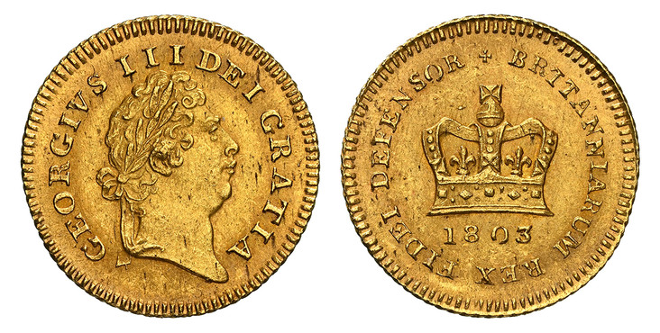1086850 GREAT BRITAIN. George III. (King, 1760-1820). 1803 AV Third-Guinea. NGC MS62.  GEORGIVS III DEI GRATIA. Laureate head right / BRITANNIARUM REX FIDEI DEFENSOR *. Crown above date. KM 648; SCBC-3739; EGC-873; MCE 455; Schneider II, 625.

Ple...