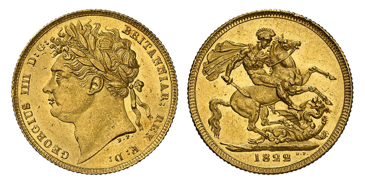 1086765 GREAT BRITAIN. George IV. (King, 1820-1830). 1822 AV Sovereign. NGC MS62.  GEORGIUS IIII D:G: BRITANNIAR: REX F:D:. Laureate head left / St. George slaying the dragon. KM 682; SCBC-3800; Hill 5.

Please use this link to verify the NGC cert...