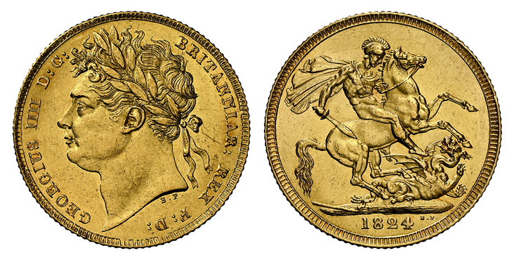1086860 GREAT BRITAIN. George IV. (King, 1820-1830). 1824 AV Sovereign. NGC MS61.  GEORGIUS IIII D:G: BRITANNIAR: REX F:D:. Laureate head left / St. George slaying the dragon. KM 682; SCBC-3800; Friedberg 376.

Please use this link to verify the N...