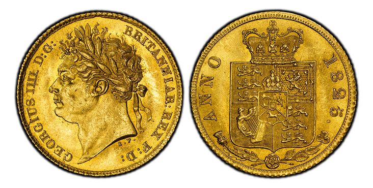1086856 GREAT BRITAIN. George IV. (King, 1820-1830). 1825 AV Half-Sovereign. PCGS MS64.  GEORGIUS IIII D:G: BRITANNIAR: REX F:D:. Laureate head left / Crowned arms. KM 689; SCBC-3803; Friedberg 379.

Please use this link to verify the PCGS certifi...