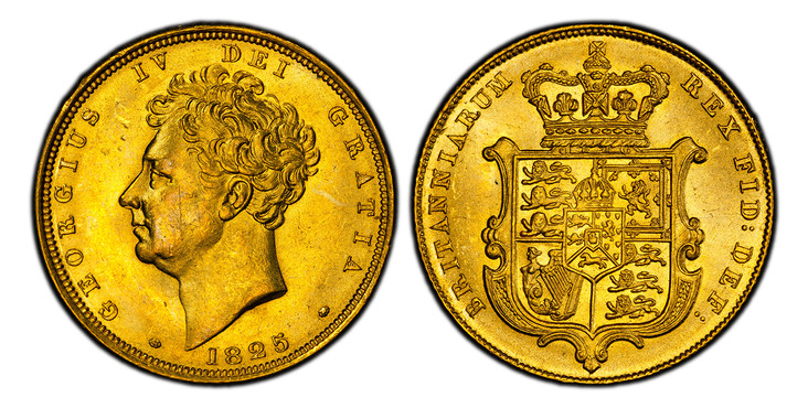 1086861 GREAT BRITAIN. George IV. (King, 1820-1830). 1825 AV Sovereign. PCGS MS63.  GEORGIUS IV DEI GRATIA. Bare head, left / BRITANNIARUM REX FID: DEF:. Crowned arms within cartouche. KM 696; SCBC-3801; Friedberg 377.

Please use this link to ver...
