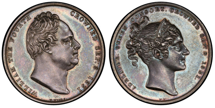 1087367 GREAT BRITAIN. William IV. 1831 AR Medal. PCGS SP63.  By W. Wyon. 33mm. Bust of William IV right / Diademed bust of Adelaide right. Eimer 1251; BHM-1475; W 25.

Coronation Medal.

Please use this link to verify the PCGS certification numbe...