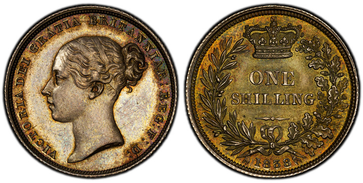 1086152 GREAT BRITAIN. Victoria. (Queen, 1837-1901). 1838 WW AR Shilling. PCGS MS62.  23.9mm. 5.65519999999999gm. VICTORIA DEI GRATIA BRITANNIAR: REG: F: D:. High relief / Crown above denomination within wreath. KM 734.1; SCBC-3902; ES-1278.

With...