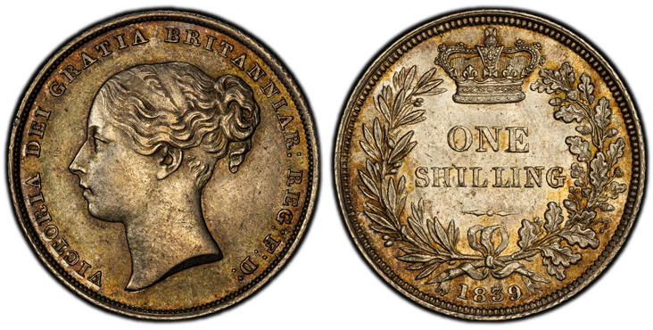 1086153 GREAT BRITAIN. Victoria. (Queen, 1837-1901). 1839 AR Shilling. PCGS MS63.  23.7mm. 5.65gm. VICTORIA DEI GRATIA BRITANNIAR: REG: F: D:. Second bust, left / Crown above denomination within wreath. KM 734.1; SCBC-3904; ESC 1283.

Without WW.
...