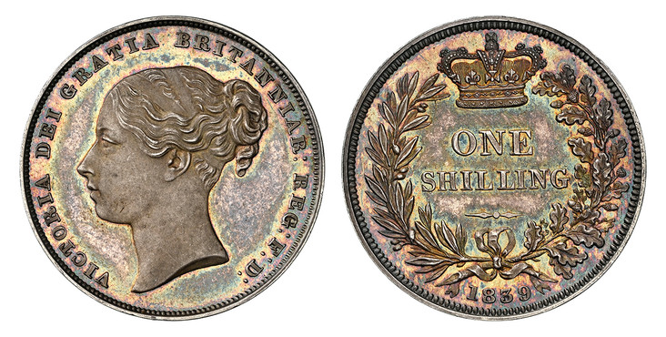 1086846 GREAT BRITAIN. Victoria. (Queen, 1837-1901). 1839 AR Shilling. NGC PR64 Cameo.  Edge: Plain. VICTORIA DEI GRATIA BRITANNIAR: REG: F: D:. Second young head; without W.W. on truncation / Crown above denomination within wreath. KM 734.1. Proo...