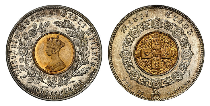 1086812 GREAT BRITAIN. Victoria. (Queen, 1837-1901). MDCCCXLVIII (1848) Bi-Metallic (Silvered Copper with inset gilt center) New Model Crown "Toy Money". NGC MS67.  By Allen & Moore & Published by H. Hyams. Edge: Plain. Victoria Queen of Great Bri...