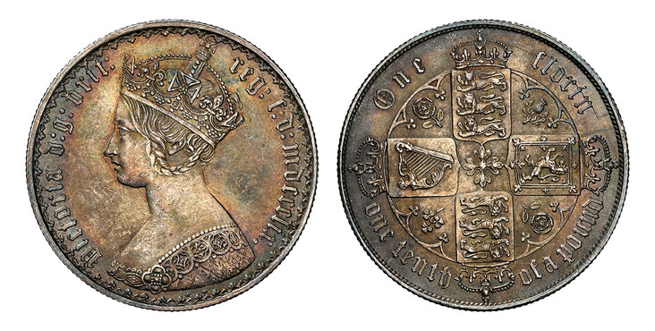 1086817 GREAT BRITAIN. Victoria. (Queen, 1837-1901). 1859 AR Gothic Florin, Two Shillings. NGC MS64.  BRIT... Without die number / Crowned shields of England, Scotland and Ireland in cross formation with flowers at corners. KM 746.1; SCBC-3891; ES...