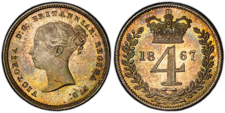 1085870 GREAT BRITAIN. Victoria. (Queen, 1837-1901). 1867 AR Maundy Set. PCGS PL67-PL66 (Prooflike).  head left / Crowned denomination divides date within wreath. KM MDS-118; SCBC-3918.

Grades as follows: PCGS PL67 (Fourpence); PCGS PL66 (Threepe...