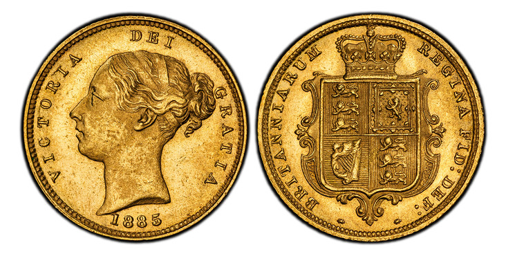 1086857 GREAT BRITAIN. Victoria. (Queen, 1837-1901). 1885 AV Half-Sovereign. PCGS MS64.  VICTORIA DEI GRATIA. Head left / BRITANNIARUM REGINA FID: DEF:. Without die number. KM 735.1; SCBC-3861; Fr-389e.

Please use this link to verify the PCGS cer...