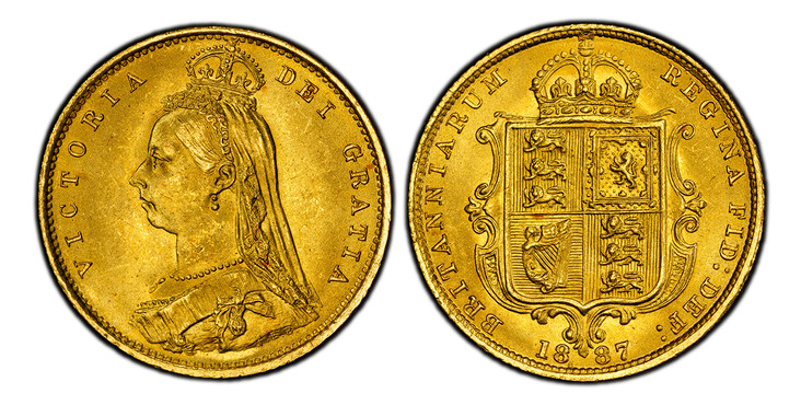 1086858 GREAT BRITAIN. Victoria. (Queen, 1837-1901). 1887 AV Half-Sovereign. PCGS MS66+.  VICTORIA DEI GRATIA. Jubilee head, bust left wearing small crown and veil / BRITANNIARUM REGINA FID: DEF:. Without die number. KM 766; SCBC-3869 Normal JEB.
...