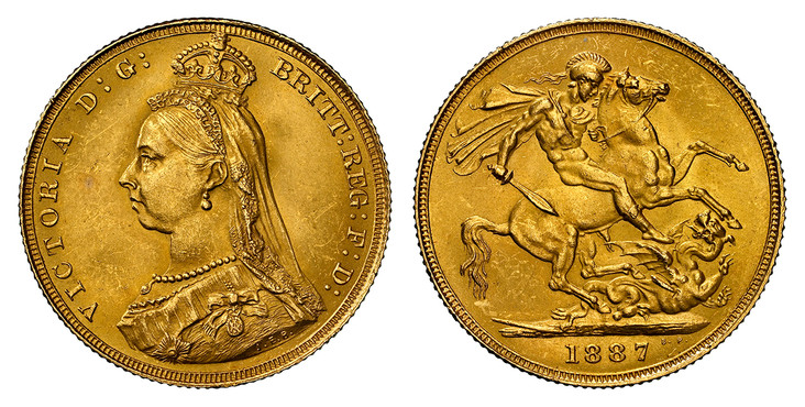 1086866 GREAT BRITAIN. Victoria. (Queen, 1837-1901). 1887 AV Sovereign. NGC MS65.  VICTORIA D:G: BRITT: REG: F:D:. Bust left wearing small crown and veil / St. George slaying the dragon. KM 767; SCBC 3866; Friedberg 393.

Please use this link to v...