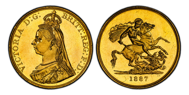 1087232 GREAT BRITAIN. Victoria. (Queen, 1837-1901). 1887 AV Five Pounds. PCGS MS65PL (Prooflike).  VICTORIA D:G: BRITT: REG: F:D:. Bust left wearing small crown and veil / St. George slaying the dragon right, with initials, B.P. below, right. KM ...