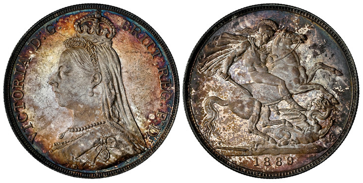 1087375 GREAT BRITAIN. Victoria. (Queen, 1837-1901). 1889 AR Crown. NGC MS63.  VICTORIA D:G: BRITT: REGINA: F:D:. Bust left wearing small crown and veil / St. George slaying dragon right. KM 765; SCBC-3921; ESC-2589.

Please use this link to verif...