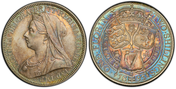 1087299 GREAT BRITAIN. Victoria. (Queen, 1837-1901). 1893 AR Florin, Two Shillings. PCGS PR65.  Edge: Reeded. VICTORIA · DEI · GRA · BRITT · REGINA · FID · DEF · IND · IMP ·. Mature draped bust left / Crowned shields of England, Scotland and Irela...