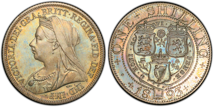 1087300 GREAT BRITAIN. Victoria. (Queen, 1837-1901). 1893 AR Shilling. PCGS PR64.  VICTORIA · DEI · GRA · BRITT · REGINA · FID · DEF · IND · IMP ·. Mature draped bust left / Crowned shields of England, Scotland and Ireland. KM 780. Proof; SCBC-394...