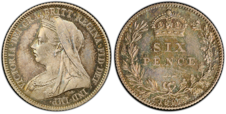 1087301 GREAT BRITAIN. Victoria. (Queen, 1837-1901). 1893 AR Sixpence. PCGS PR66.  Edge: Reeded. Bust left wearing small crown and veil / Crowned SIX PENCE in wreath. KM 760; SCBC-3941.

Please use this link to verify the PCGS certification number...