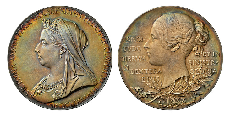 1087260 GREAT BRITAIN. Victoria. (Queen, 1837-1901). 1897 AR Medal. NGC MS66 Matte.  By G.W. de Saulles after T. Brock and W. Wyon. Edge: Plain. 55mm. VICTORIA ANNVM REGNI SEXAGESIMVM FELICITER CLAVDIT XX IVN · MDCCCXCVII ·. Crowned and veiled old...