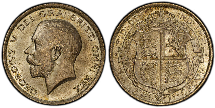 1086155 GREAT BRITAIN. George V. (King, 1910-1936). 1911 AR Halfcrown. PCGS MS63.  Edge: Reeded. 32mm. 14.14gm. Head left / Crowned and quartered shield within Garter band. KM 818.1; SCBC-4011; ESC-758.

Please use this link to verify the PCGS cer...