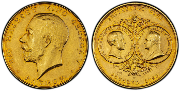 1083383 GREAT BRITAIN. George V. (King, 1910-1936). 1935 AV Smithfield Club Patron's Medal of 22 Ducats Weight. PCGS MS65 Matte.  By B. McKennal. Edge: BREEDER BEST PEN SHORT-WOOLED SHEEP OR LAMBS . 1935 . E . CLIFTON-BROWN, BURNHAM GROVE . BURNHA...