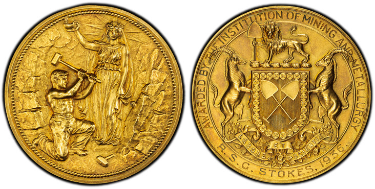 1083384 GREAT BRITAIN. (1936) ND AV Medal of 18 Ducats Weight. PCGS MS65.  By A. Wyon. Edge: PRESENTED BY THE NEW CONSOLIDATED GOLD FIELDS LT.D. 48mm. 61.82gm. Radiant female allegorical figure with raised oil lamp above miner / AWARDED BY THE INS...