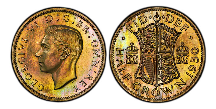 1086811 GREAT BRITAIN. George VI. (King, 1936-1952). 1950 AR, AE & Nickel-Brass 9 Piece Proof Set (Halfcrown through Farthing). PCGS PR66-PR64RB (Red-Brown).  Royal Mint. Bust, left / Various reserve designes. KM PS23; SCBC-PS17.

Grades as follow...