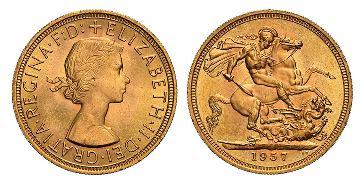1085582 GREAT BRITAIN. Elizabeth II. (Queen, 1952-2022). 1957 AV Sovereign. NGC MS65.  Laureate bust right / St. George slaying the dragon. KM 908; SCBC-4124; Marsh 297.

Please use this link to verify the NGC certification number <a href="https:/...