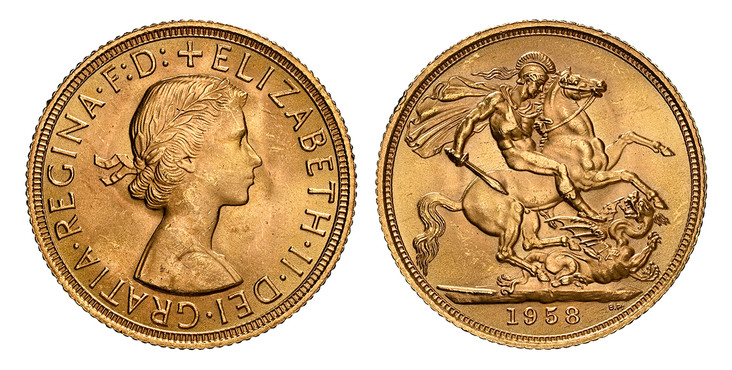 1086848 GREAT BRITAIN. Elizabeth II. (Queen, 1952-2022). 1958 AV Sovereign. NGC MS63.  By Mary Gillick (Obv.). Laureate bust right / St. George slaying the dragon. KM 908; SCBC-4125; Marsh 298.

Please use this link to verify the NGC certification...