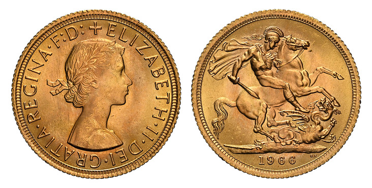 1085614 GREAT BRITAIN. Elizabeth II. (Queen, 1952-2022). 1966 AV Sovereign. NGC MS65.  Laureate bust right / St. George slaying the dragon. KM 908; SCBC-4125; Marsh 304.

Please use this link to verify the NGC certification number <a href="https:/...