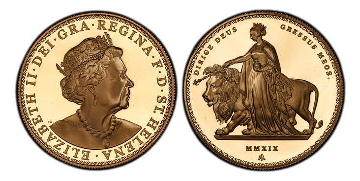 1086788 GREAT BRITAIN. St. Helena. Elizabeth II. (Queen, 1952-2022). 2019-EIC AV 5-Piece Set (Five Sovereign, Double Sovereign, Hal- Sovereign, and Quarter-Sovereign). PCGS PR69-PR68DCAM (Deep Cameo).  East India Company, London. Edge: Milled. ELI...
