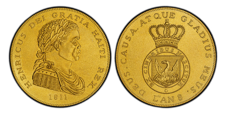 1085416 HAITI. Henri Christophe. (King of North Haiti, 1811-1820). "1811" // L'An 8 AV Fantasy Crown. PCGS PR68 Matte.  39.41gm. HENRICUS DEI GRATIA HAITI REX. Laureate armored bust right / DEUS. CAUSA. ATQUE GLADIUS MEUS. Crowned shield with risi...