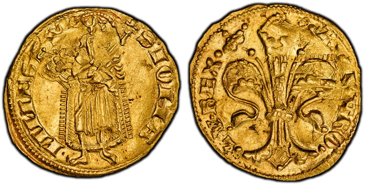 1085894 HUNGARY. Charles 1st (Charles Robert). (King, 1308-1342). (1325-42) ND AV Goldgulden or Florin. PCGS MS62.  Kremnitz or Buda. 3.58gm. Lily / Standing figure of St. John the Baptist. Fr.-2; Huszár 440; Lengyel 1A.

Flip-over double strike.
...