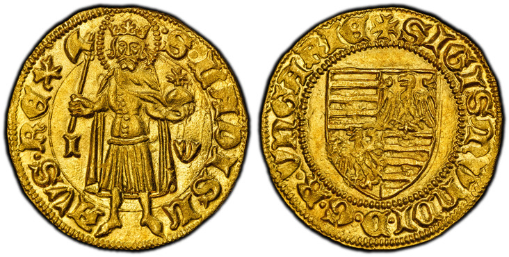 1086078 HUNGARY. Sigismund. (1387-1437) AV Goldgulden. PCGS MS65.  3.52gm. Quartered Arms with eagle in two quarters within beaded circle / Nimbate St. Ladislas standing facing, holding ax and orb; I – V to either side. Fr.-9; Huszar 572.

Please ...