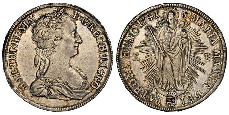 1086644 HUNGARY. Maria Theresia. 1741-KB AR Thaler. NGC AU58.  Kremnitz. MA · THERESIA · - D: G: REG: HUN: BO. Bust right with two curls hanging in back / S: MARIA MATER DEI - PATRONA HUNG. Radiant Madonna and child. KM 328.3; Dav.-1125B; Herinek ...