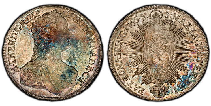 1084972 HUNGARY. Maria Theresia. 1765 ·X· AR Thaler. PCGS AU58.  27.91gm. M · THER · D: G · R · IMP · - GE · HU · BO · R · A · A · D · B · C · T ·. Younger bust right / S · MARIA · MATER · DEI... Radiant Madonna and child. KM 358.1; Dav.-1132; Hus...