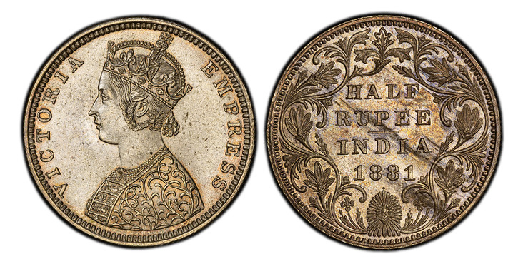 1086159 INDIA-BRITISH. Victoria. (Queen, 1837-1901). 1881-(b) AR 1/2 Rupee. PCGS MS63.  Bombay. VICTORIA EMPRESS. Crowned bust left / Value and date within wreath. KM 491; S & W 6.182.

Please use this link to verify the PCGS certification number ...