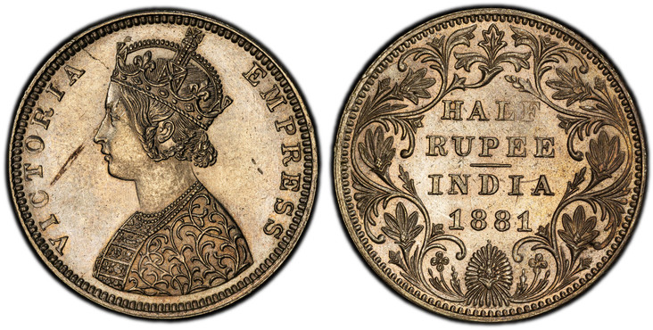 1086160 INDIA-BRITISH. Victoria. (Queen, 1837-1901). 1881-(b) AR 1/2 Rupee. PCGS MS63.  Bombay. VICTORIA EMPRESS. Crowned bust left / Value and date within wreath. KM 491; SW 6.182.

Please use this link to verify the PCGS certification number <a ...