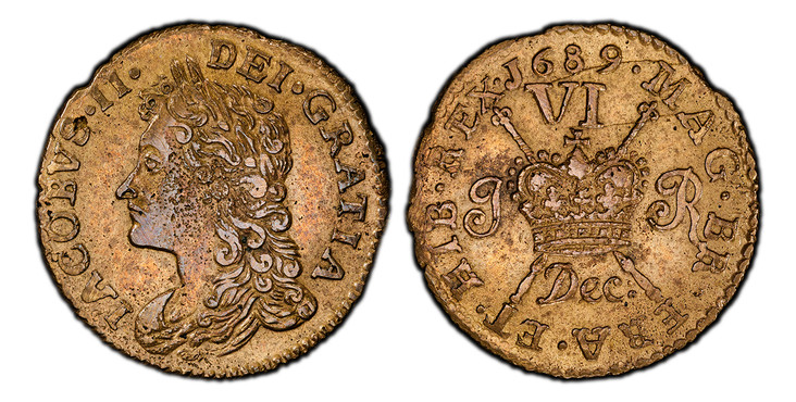 1086648 IRELAND. James II. (King, 1685-1691). 1689 Dec Brass Sixpence. PCGS Genuine - AU Details Cleaned.  3.13gm. Head of James II left / Crown over crossed scepters divides J – R monogram; denomination VI above and month below. KM 93; S-6583G; W...