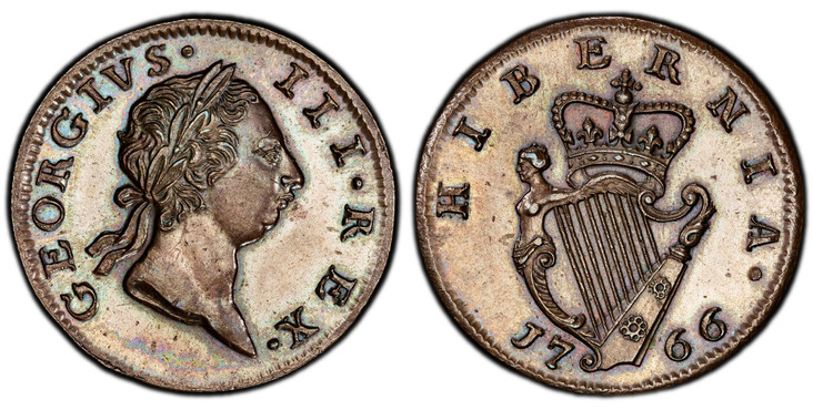 1086650 IRELAND. George III. (King, 1760-1820). 1766 CU 1/2 Penny. PCGS MS63BN (Brown).  London. Type I, short bust / Crowned harp divides date, below. S-6612.

Please use this link to verify the PCGS certification number <a href="http://www.pcgs....