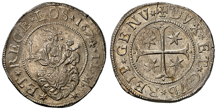 1087148 ITALIAN STATES. Genoa. 1674 ILM AR Scudo, Stretto. NGC MS63.  Cross with four stars in angles / Virgin and child on cloud; mintmark after date. KM 79; Dav.-3901; Lunardi 260 (R1).

Currently the finest known at NGC as of June 2026

Please ...