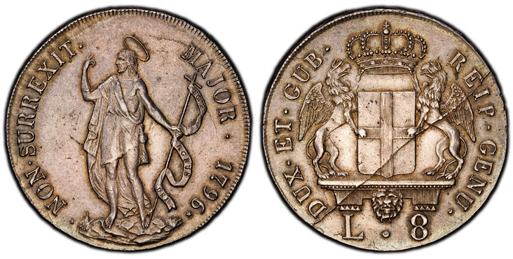 1085990 ITALIAN STATES. Genoa. 1796✭ AR 8 Lire. PCGS MS62.  40.1mm. 33.50gm. DUX · ET · GUB REIP · GENU ·. Crowned arms with supporters on mantle above lion head and value / NON · SURREXIT · MAJOR ·. Standing figure of St. John the Baptist holding...