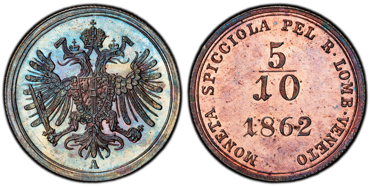 1086161 ITALIAN STATES. Lombardy-Venetia. 1862-A CU 5/10 Soldo. PCGS PR65RB (Red-Brown).  Vienna. 17.4mm. 1.71gm. Shield within crowned double-headed eagle / MONETA SPICCIOLA... Value above date. C 34.1; Herinek 852.

Very rare in proof.

Please u...