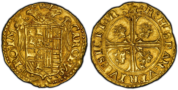 1086079 ITALIAN STATES. Naples. Carlo V. (Holy Roman Emperor, 1519-1556). (1519-56) R AV Scudo d'Oro. PCGS MS64.  3.36gm. CAROLVS. - V. RO. IM. Crowned imperial eagle behind crowned shield of manifold arms / R. ISPA(N)(RVM). VTRIVS. SICI(L). R. R....