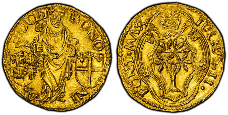 1086080 ITALIAN STATES. Papal States. Julius II. (Pontiff, 1503-13). (1503-13) AV Ducat. PCGS MS63.  Bologna. 3.43gm. IVLIVS • II • – PONT • MAX. Crowned coat-of-arms within quatrefoil / BONO – NI – A • – DOCET. St. Peter standing facing, head sli...