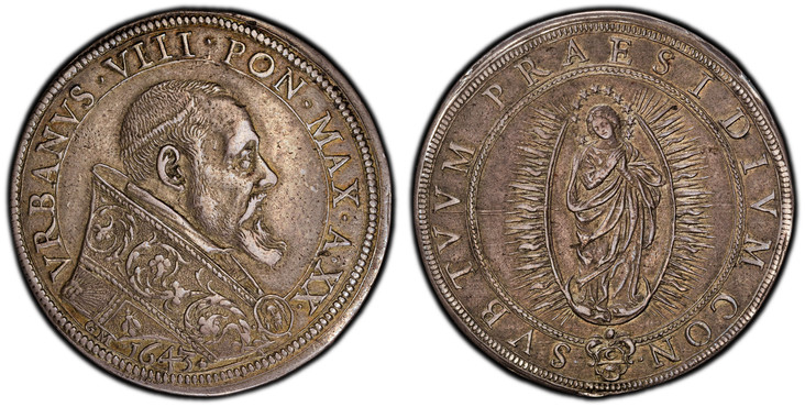 1084915 ITALIAN STATES. Papal States. Urban VIII. (Pontiff, 1623-1644). 1643//An XX GM AR Piastra, Scudo d'Argento. PCGS AU53.  Rome. 42mm. 31.74gm. VRBANVS · VIII · PON · MAX · A · XX. Bust, right, wearing embroidered robes fastened with brooch d...